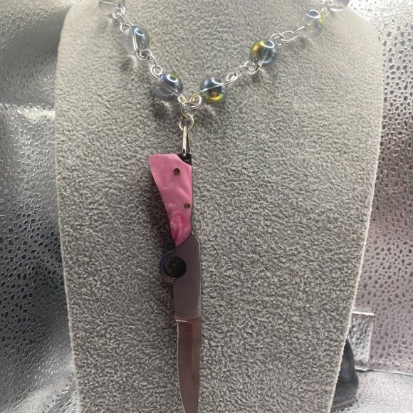 Handmade Pink Pocket Knife Rainbow Shimmer Glass Necklace - Picture 1 of 3